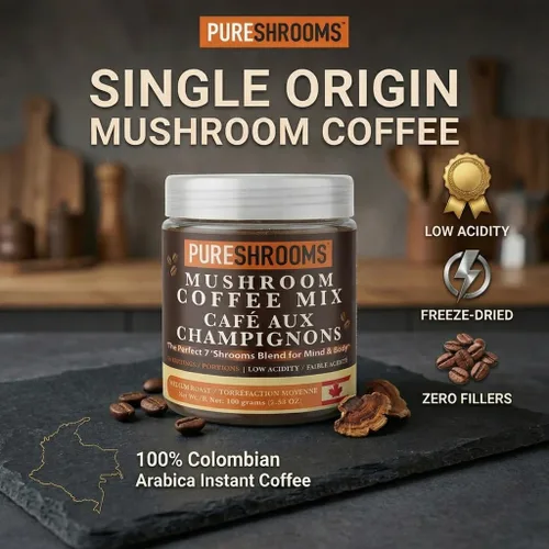 Miniatura 5 de PureShrooms Perfect 7 - Café de hongos – Arábica instantánea de origen único con melena de león orgánica, Reishi y Cordyceps – Bebida