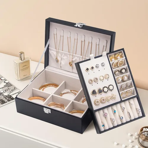 Miniatura 6 de COOYUY Joyero para mujeres niñas esposa regalo ideal organizador de joyas de doble capa aretes pulseras anillos collares piel sintética y terciopelo