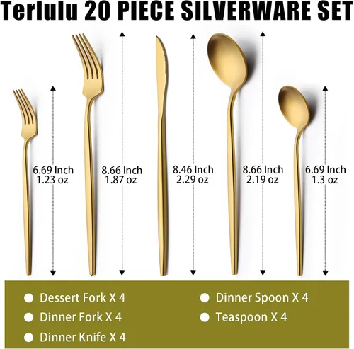 Miniatura 2 de Juego de Cubiertos Dorados de 20 Piezas para 4, Terlulu Juego de Cubiertos de Acero Inoxidable, Juego de Cubiertos Dorados Juego de Utensilios