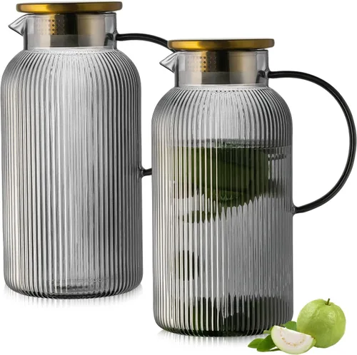 Miniatura 10 de Buaic Paquete de 2 jarras de vidrio con tapa, 68 onzas/2 litros ámbar clásicas verticales a rayas, jarra de agua de vidrio para preparación fría