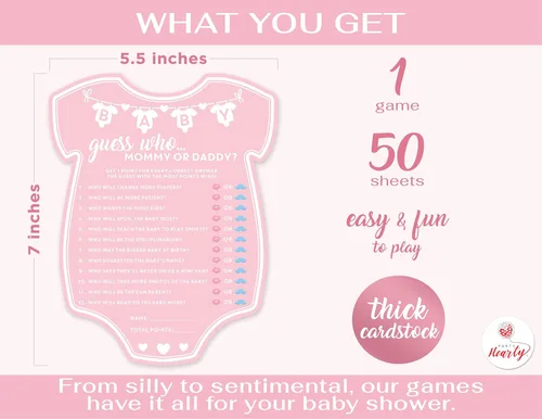 Miniatura 2 de Juegos de Baby Shower de Party Hearty para Niña, 50 piezas Juego de Adivina quién es la mamá o el papá en rosa, tarjetas de actividad divertidas