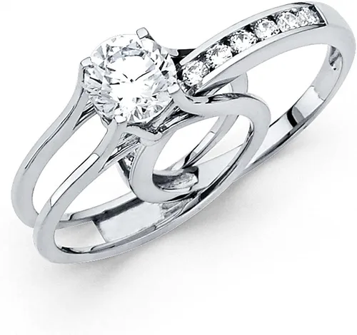 Miniatura 4 de TWJC 14k Yellow OR White Gold Solid Engagement Ring & Wedding Band Set
