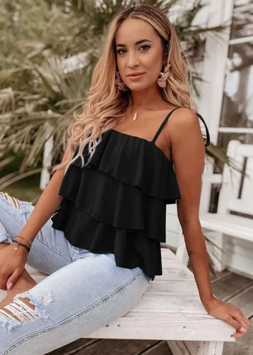 Miniatura 7 de KIRUNDO Blusa tipo babydoll con volantes y tirantes delgados para mujer, para verano, en capas, para playa, moda, vacaciones, crucero