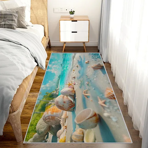 Miniatura 2 de J308 - Alfombra de pasillo con temática de playa de 2 x 4 pies, patrón de conchas marinas costeras, antideslizante, lavable, temática de playa