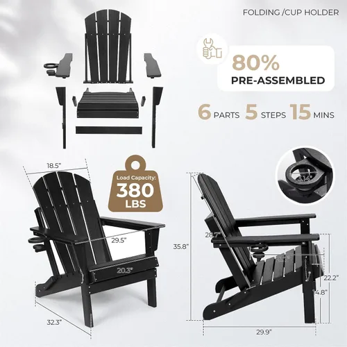Miniatura 3 de Silla Adirondack plegable de HDPE, silla de patio al aire libre con soporte para tazas, silla de césped de grano de madera resistente a