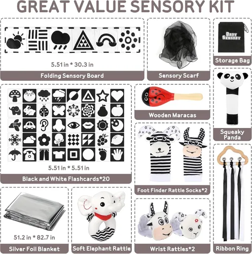 Miniatura 6 de Dreamon 32 juguetes sensoriales de alto contraste para bebés en blanco y negro, juguetes para recién nacidos con sonajero, libro suave y tarjetas