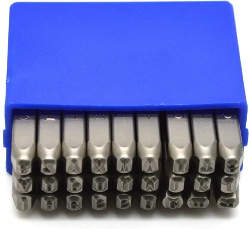 Miniatura 45 de Juego de 27 sellos de acero resistente con letras mayúsculas de 3/64" 1mm, kit de punzones de alfabeto para estampado a mano de caracteres, código