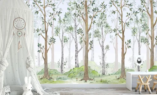 Miniatura 4 de Innovative Stencils Papel tapiz de acuarela para despegar y pegar, diseño de bosque de abedul, decoración de guardería, tela de bosque, extraíble