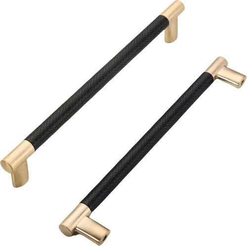 Miniatura 12 de Paquete de 10 manijas para alacena con agujero central de 3 pulgadas (76mm), tiradores de gabinete negros y dorados, tiradores de cajón de cocina