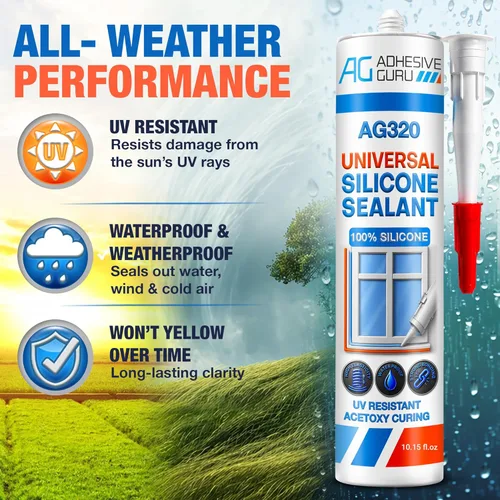 Miniatura 6 de Adhesive Guru Sellador de Silicona Transparente Multiusos Impermeable (12 x 10.15 fl.oz.), Masilla de Silicona 100%, Sellador Adhesivo Resistente a