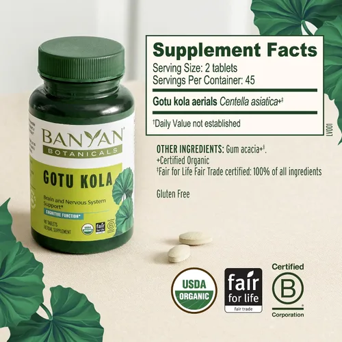 Miniatura 5 de Banyan Botanicals Brahmi/Gotu Kola Tablets - USDA Organic - 90 tabletas - Centella asiática - Apoya la concentración, el estado de alerta y un