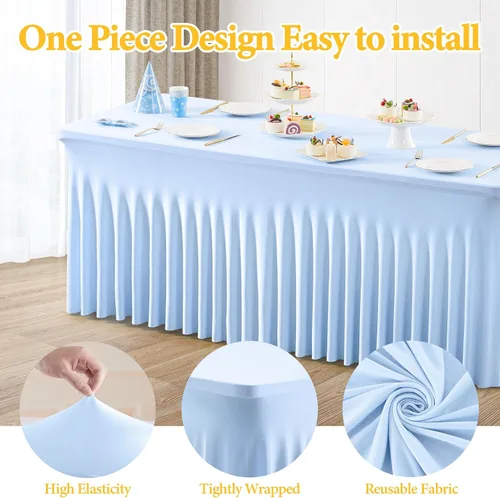 Miniatura 2 de Paquete de 2 manteles color azul bebé para mesa rectangular de 4 pies, manteles de elastano elásticos de 4 pies, falda blanca rectangular para baby