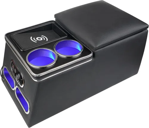 Organizador de consola central universal mejorado con soporte de carga inductiva, carga rápida, portavasos y soporte para teléfono para automóvil,