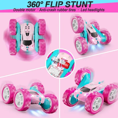 Miniatura 4 de QUNREDA Coches RC, Coche de Control Remoto Rosa para Niñas, 2.4 GHZ Coche de Acrobacias RC de Doble Cara Giratorio 360° Control Remoto Crawler