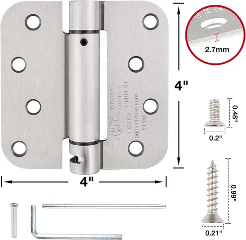 Miniatura 2 de KIW Bisagras de puerta de cierre automático de níquel satinado de 4 x 4 pulgadas, 8 agujeros, acero, acabado cepillado, montaje de embutido, paquete