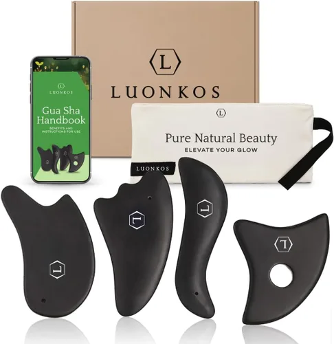 LUONKOS Gua Sha - Juego de 4 herramientas faciales negras - Herramienta grande de Guasha de piedra Bian para esculpir la cara - Masajeador de