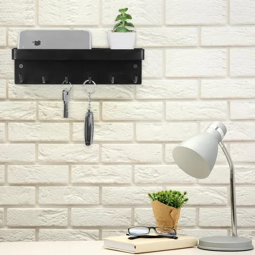 Miniatura 2 de MyGift Soporte para llaves de metal negro montado en la pared para entrada de pared con soporte de correo y estante de accesorios Catchall
