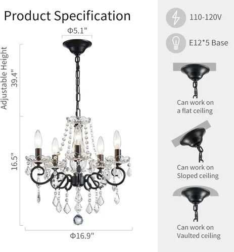 Miniatura 3 de ANJIADENGSHI Candelabro pequeño de cristal, moderno candelabro negro para comedor, mini lámpara colgante de cristal para dormitorio, lámpara