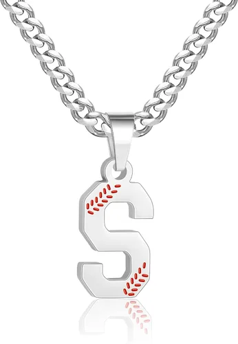 Miniatura 74 de Avotto Collar de béisbol con letra inicial de la A a la Z para niños y hombres, cadena cubana de acero inoxidable resistente que no se decolora