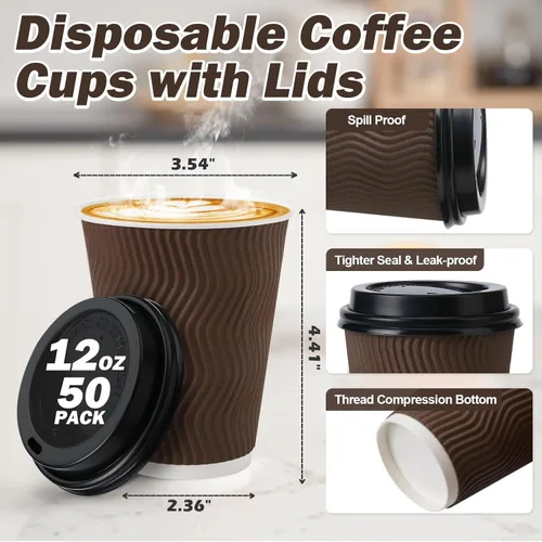 Miniatura 2 de Tazas de café desechables de 12 onzas con tapas, tazas de papel de café con tapas para llevar, tazas calientes aisladas para bebidas calientes