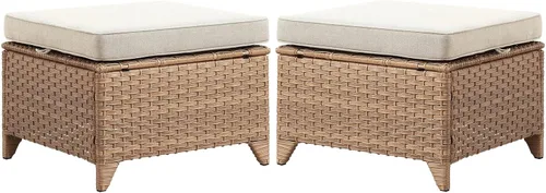 Miniatura 17 de Belord Juego de 2 taburetes otomanos de mimbre de ratán para todo tipo de clima, con cojines suaves para muebles de patio Cojín de mimbre gris