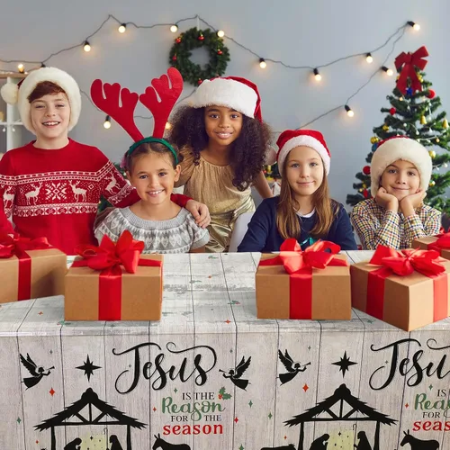 Miniatura 7 de WovWeave Mantel de Navidad de 3 piezas, mantel de Navidad con texto en inglés "Merry Christmas", mantel rectangular de plástico con diseño de Jesús