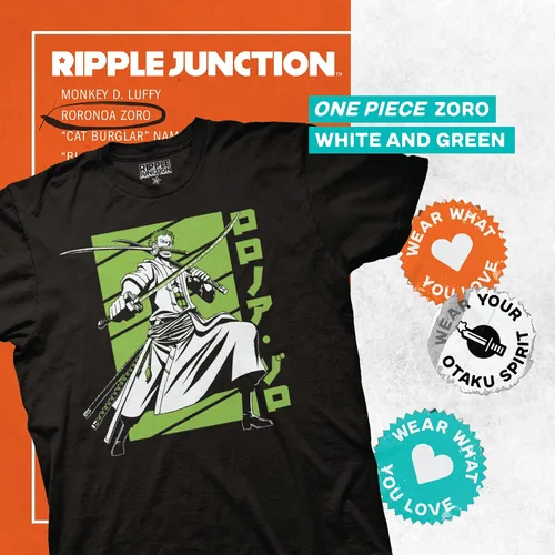 Miniatura 2 de Ripple Junction Camisa de anime Zoro de una pieza, camiseta gráfica de manga corta para hombres y mujeres con licencia oficial, forro polar verde