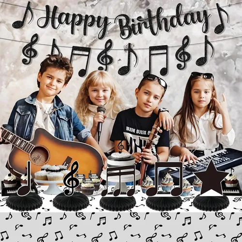 Miniatura 3 de Decoraciones de fiesta musical, nota musical negra, pancarta de feliz cumpleaños, mantel de notas y 5 piezas de mesa de panal de abeja, decoración