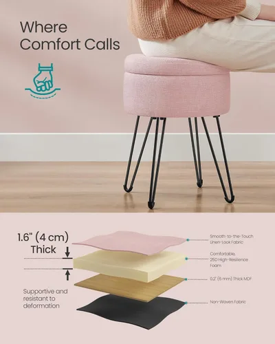 Miniatura 4 de SONGMICS Taburete de tocador, taburete otomano pequeño con almacenamiento, silla de tocador, 15.4 de diámetro x 17.4 pulgadas, 4 patas de metal