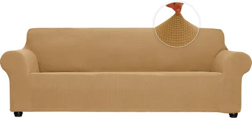 Miniatura 16 de Funda elástica suave para sofá de 3 cojines, protector de muebles, transpirable, lavable, tela jacquard, cuadros pequeños con parte inferior Beige