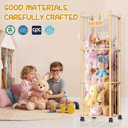 Miniatura 4 de Organizador de almacenamiento de animales de peluche, soporte de zoológico de juguetes de madera con ruedas, torre de almacenamiento de gran