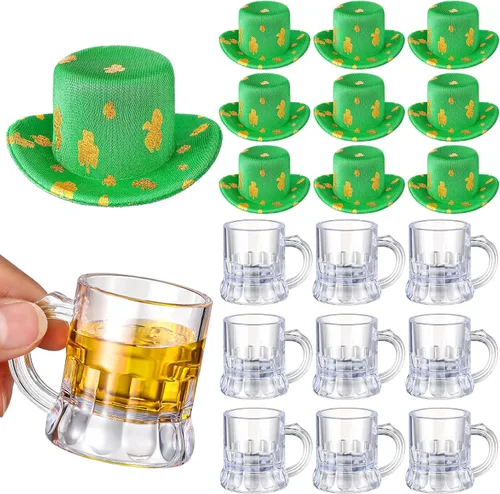Pickmesh 20 piezas de mini tazas de cerveza para el día de San Patricio, sombreros de duende verdes, taza de cerveza de plástico de 1 onza, vasos de