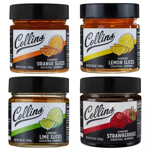 Collins - Kit de decoración de cóctel de cítricos y bayas – Limón confitado, lima, rodajas de naranja y fresas en almíbar – Adornos de cóctel,
