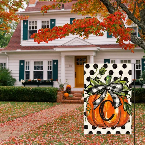 Miniatura 4 de AVOIN colorlife Bandera de jardín con monograma de otoño con letra C, diseño de calabaza, con diseño de lunares, 12 x 18 pulgadas, doble cara
