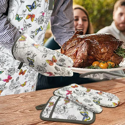 Miniatura 7 de Alselo Manoplas de horno y soportes para ollas con delantal Chaf, juego de 5 guantes de cocina resistentes al calor y agarraderas antideslizantes