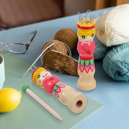 Miniatura 5 de ARTIBETTER 2 juegos de herramientas de tejer de madera con patrón pintado a mano de bricolaje carrete de tejer francés y herramienta de mano