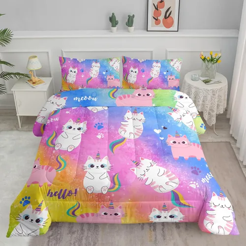 Miniatura 11 de Axolotl - Juego de ropa de cama para niños con diseño de gatos de dibujos animados tamaño individual, juego de edredón con líneas degradadas y lindo