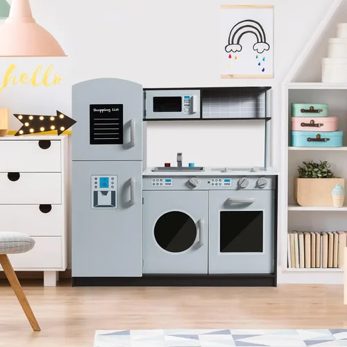 Miniatura 8 de Juego de cocina, juego de cocina de madera para niños con microondas, refrigerador, lavadora, fregadero, accesorios de cocina, hornos, juguetes