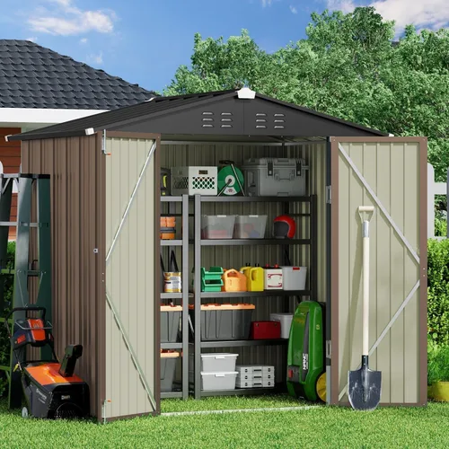 Miniatura 15 de Gizoon Cobertizo de almacenamiento para exteriores de 8 x 6 pies, cobertizo de jardín de metal galvanizado con puertas dobles con cerradura, Marrón