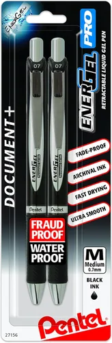 Pentel EnerGel PRO - Bolígrafo de gel permanente, (0.028 in), línea media, archivador y resistente al agua, tinta negra, paquete de 2 unidades