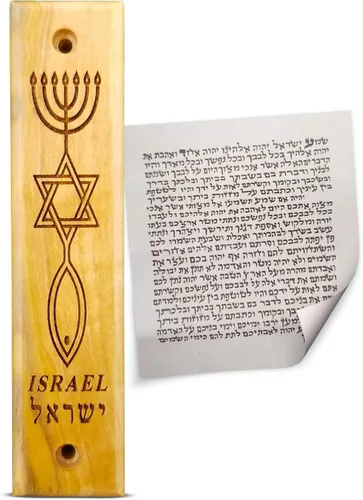 Mezuzá de madera de olivo con pergamino, símbolo mesiánico, menorá, estrella y pez, fabricada en Israel, decoración religiosa del hogar para puerta