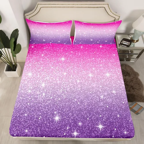 Erosebridal Juego de ropa de cama de lentejuelas con purpurina y estrellas, sábanas de bolsillo profundo arcoíris y galaxia espacial, sábana bajera