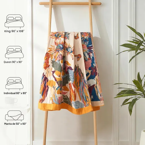 Miniatura 5 de Manta bohemia 100% algodón ultrasuave, manta grande de otoño, diseño floral de pájaros y mariposas, decoración de granja, manta de cama, 60 x 80