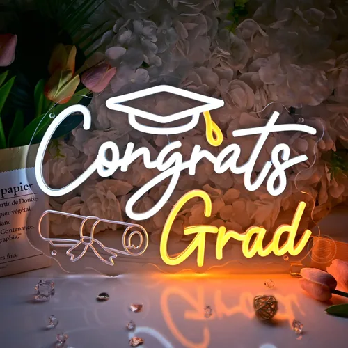 Britrio Letrero de neón con texto en inglés "Congrats Grad" para graduación, celebración, fiesta, decoración iluminada, clase de 2026,