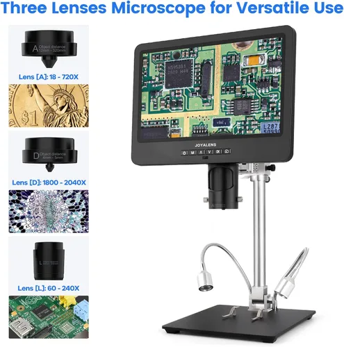 Miniatura 2 de JL249MS Microscopio digital HDMI de 3 lentes de 10.1 pulgadas 2000X, cámara de microscopio de soldadura con soporte de brazo de pluma, video UHD