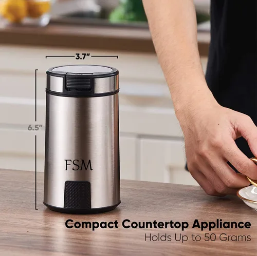 Miniatura 5 de FSM Molinillo de café eléctrico y molinillo de especias con sistema de bloqueo de seguridad, acero inoxidable con tapa transparente y base