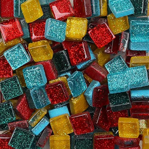 Azulejos de vidrio de mosaico de colores mixtos, piezas de cristal brillantes, azulejos de mosaico de cristal cuadrados con purpurina a granel para