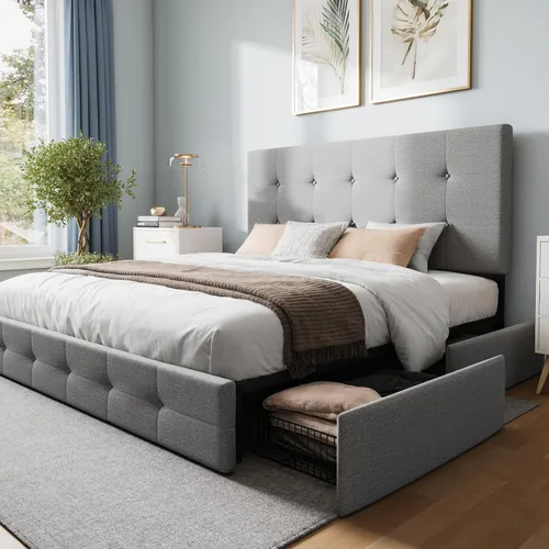 WEEWAY Base de cama de plataforma tamaño Queen con 4 cajones de almacenamiento, cabecera capitonada con botones de puntada cuadrada, base de colchón