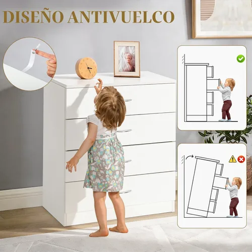Miniatura 4 de Karl home Cómoda de 4 cajones para dormitorio, cajoneras pequeñas, mesita de noche moderna, cómoda blanca con 4 cajones de almacenamiento, Blanco