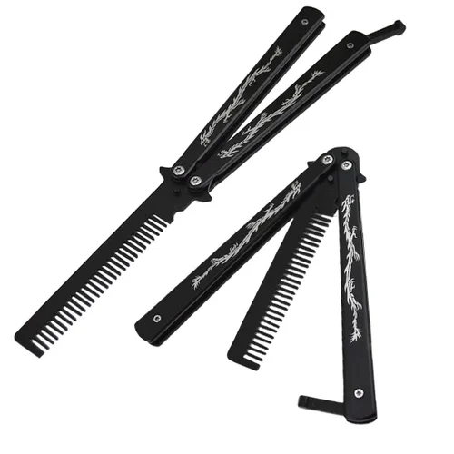 Miniatura 3 de cuchillo mariposa de acero inoxidable con tótem de dragón, entrenador con peine (negro)